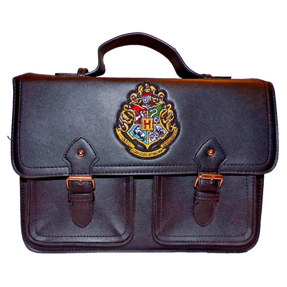 Black Messenger Bag with Embroidered Crest - Men's Satchel